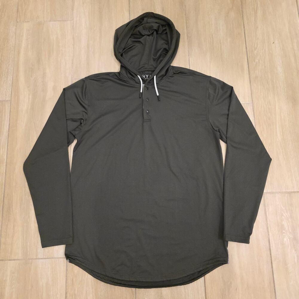 BYLT Premium Basics Hoodie Mens L Olive Green Hooded Henley Performance Pullover